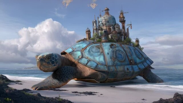 Giant turtle with futuristic city on its back moves through tropical waters at sunset