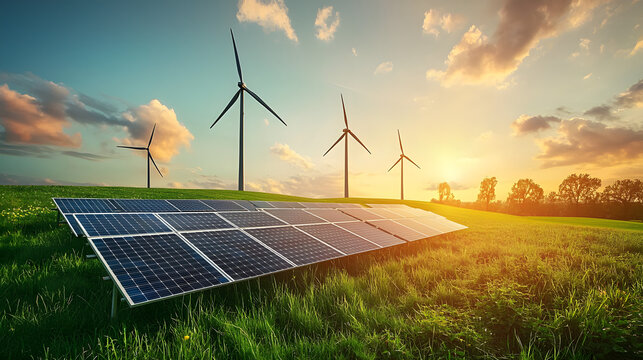 renewable energy banner background with green energy as wind turbines and solar panels