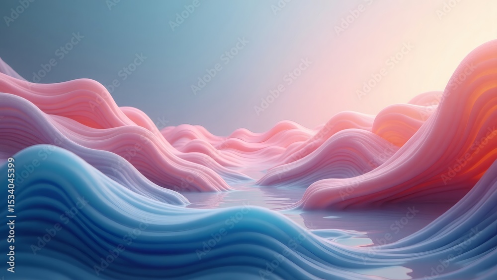 Poster abstract illustration of layered and colorful waves with pink and blue hues, creating a serene and a