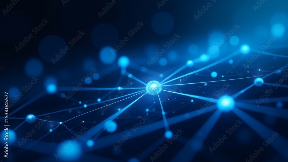 Poster an interconnected network of blue glowing nodes on a dark backdrop. The nodes are connected by lines, forming a complex web of communication