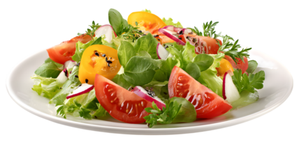 Fresh and vibrant salad plate featuring tomatoes lettuce and radishes on a clean white dish with a isolated background