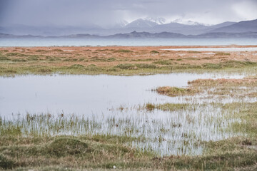Grass and stone shore of Lake Karakul with blue water and mountain peaks in the background, cloudy weather and sky with clouds and clouds in the Pamirs, panoramic landscape