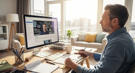 Man attending online video conference call from home office