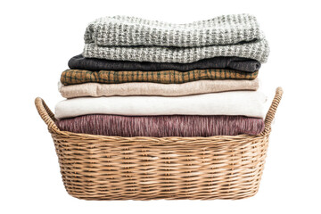 Obraz premium Clean clothes stacked neatly in a wicker basket ready for folding and organizing in a tidy laundry room or living space