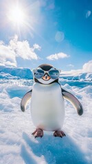 A delightful penguin wearing stylish sunglasses poses confidently on a frozen landscape, capturing the essence of whimsy amidst a stunning natural backdrop of ice and snow.