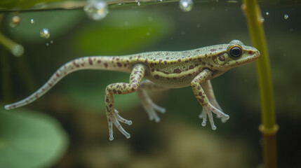 Obraz premium Vibrant amphibian swimming gracefully serene aquatic environment, showcasing its unique patterns and delicate limbs. scene captures essence