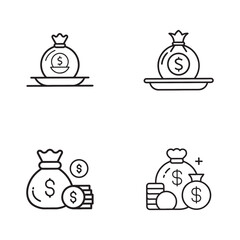 Obraz premium Money Bag and Coin Icons Line Art Illustrations for Finance and Business