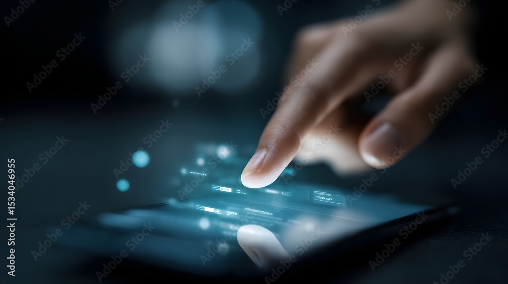 Poster a hand interacting with a mobile screen displaying a digital transaction interface