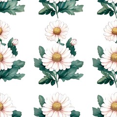 Delicate floral pattern of white and pale pink chrysanthemums with dark green leaves.