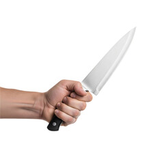 Sharp & striking: Hand gripping a sleek knife on white background perfect for culinary, action, or suspense themes