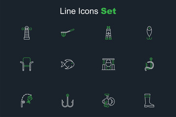 Set line Fishing boots, Spinning reel for fishing, rod and, hook worm, Campfire pot, bucket with and Camping folding chair icon. Vector