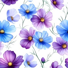 Vibrant floral pattern of cosmos flowers in shades of purple and blue.