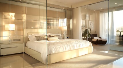 modern open-plan bedroom design with clean glass dividers, morning light filtering across a cream-colored bed and sleek d?(C)cor