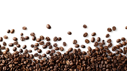 Group of coffee beans on white surface, illustration Group of coffee beans falling 3D render of roasted coffee beans lying against white background, Generative AI
