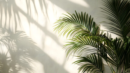 Fototapeta premium Shadow of palm leaves on white concrete light beige wall