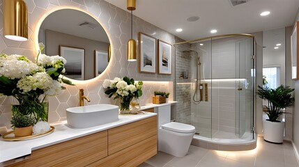 Fototapeta premium Scandinavian bathroom with round mirror and flowers high resolution image