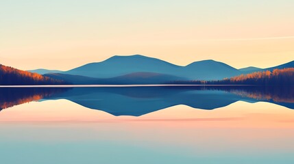 Fototapeta premium A serene lake reflecting a mountain range at sunrise.