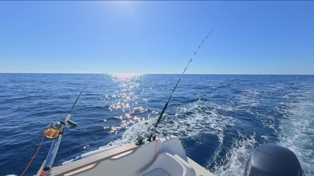 Sport boat trolling ocean with rods, reels, saltwater outboard fishing