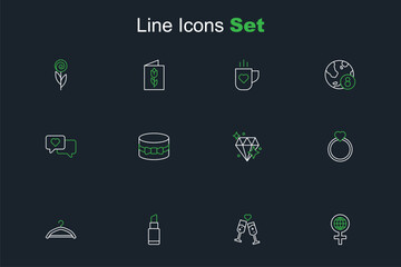 Set line International Women Day, Glass of champagne, Lipstick, Hanger wardrobe, Diamond engagement ring, Gift box and heart and Heart speech bubble icon. Vector