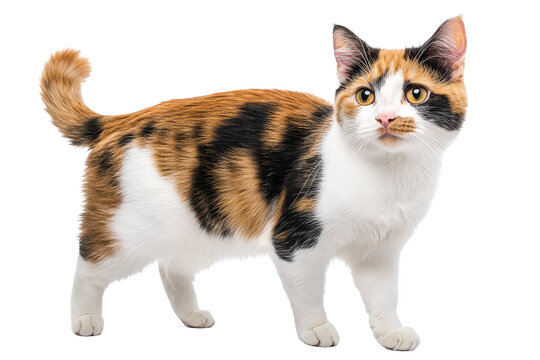 Domestic calico cat standing gracefully in a professional studio setting with a white background during a calm afternoon