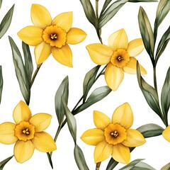 Delicate yellow daffodil floral pattern on a white background.