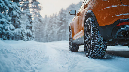 Side view of an orange car with a winter tires on a snowy road