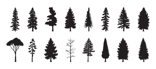 Fototapeta premium Collection of various tree silhouettes in vector style. Perfect for landscape design, nature projects, forest themes, outdoor scenes, and graphic compositions.