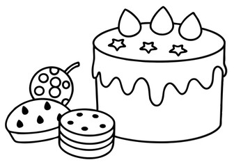 chocolate cake with a hand pouring milk on the cake, isolated on a line art vector illustration	
