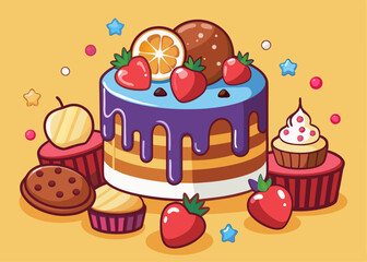 Chocolate flowing on brownie vector illustration isolated on white background.