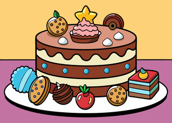 Chocolate flowing on brownie vector illustration isolated on white background.