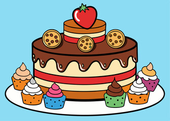 Cake poured with chocolate and decorated with different cookies Creative vector cartoon illustration