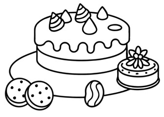 chocolate cake with a hand pouring milk on the cake, isolated on a line art vector illustration	
