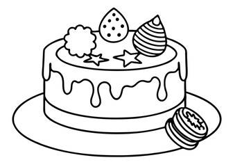 chocolate cake with a hand pouring milk on the cake, isolated on a line art vector illustration	