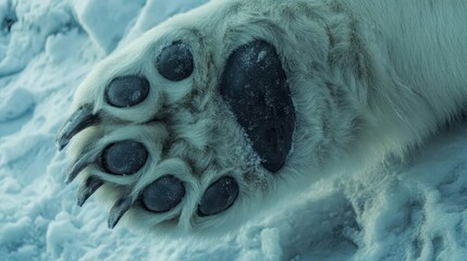 Obraz premium Close-up of a polar bear's paw in the snow, showcasing its large pads and sharp claws.