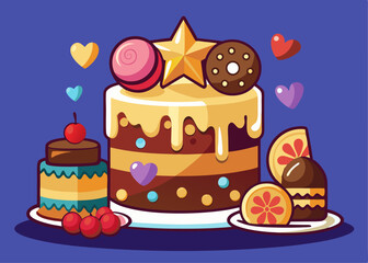 Cake poured with chocolate and decorated with different cookies Creative vector cartoon illustration