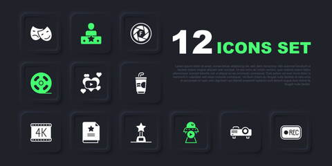 Set Movie, film, media projector, Record button, Romantic movie, Science fiction, Film reel, Scenario, Actor star and trophy icon. Vector