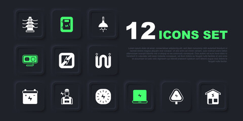 Set High voltage, Smart home, No lightning, Laptop, Electrical outlet, Electrician, panel and Lightning bolt icon. Vector