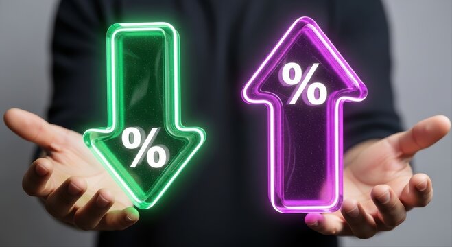 Hands holding glowing neon percentage arrows symbolizing financial increase and decrease rates.