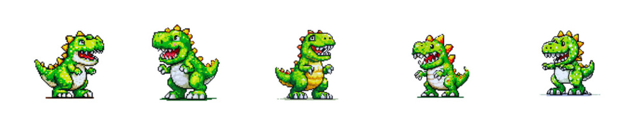 Five pixel art green dinosaurs with transparent background showing various poses