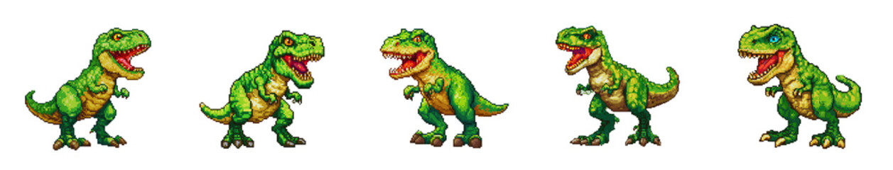 Five Green Tyrannosaurus Rex Pixel Art Dinosaurs Isolated on Transparent Background