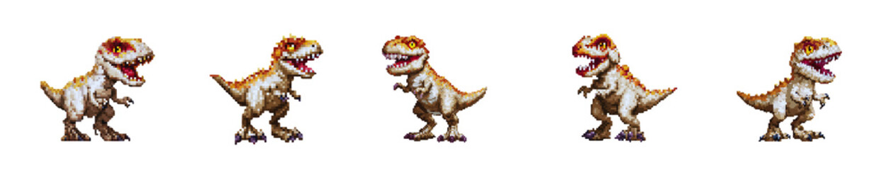 Naklejka premium Five Pixel Art Baby Tyrannosaurus Rex Dinosaurs in Various Poses Transparent Background