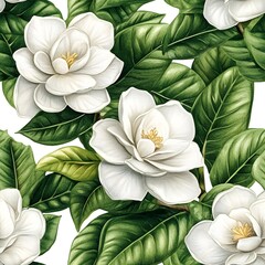 Detailed illustration of magnolia flowers and leaves.