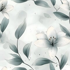 Delicate floral design with light gray leaves and white flowers.