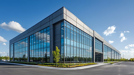 Fototapeta premium Sleek Steel Exterior of Modern Warehouse Office Building