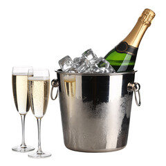Champagne bottle in ice bucket with two glasses of sparkling wine isolated on transparent background.