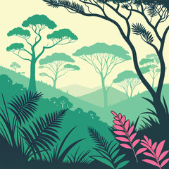 Obraz premium Serene Tropical Landscape Design featuring lush foliage, elegant trees, and a tranquil mountain backdrop perfect for branding or print.