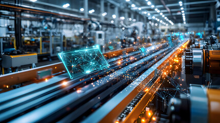 Smart Factory Innovation, showcasing IoT devices seamlessly integrated into production lines