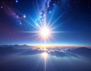 Radiant light burst on blue background filled with stars. Ideal for space themes, science fiction, or inspirational visuals