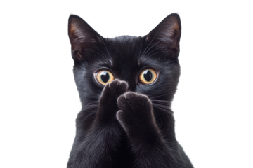 Surprised cat covering its mouth with paws expresses shock and curiosity in a playful moment