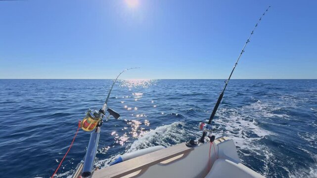 Sport boat trolling ocean with rods, reels, saltwater outboard fishing